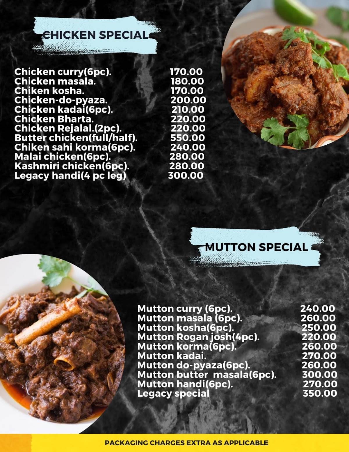 The legacy lounge menu