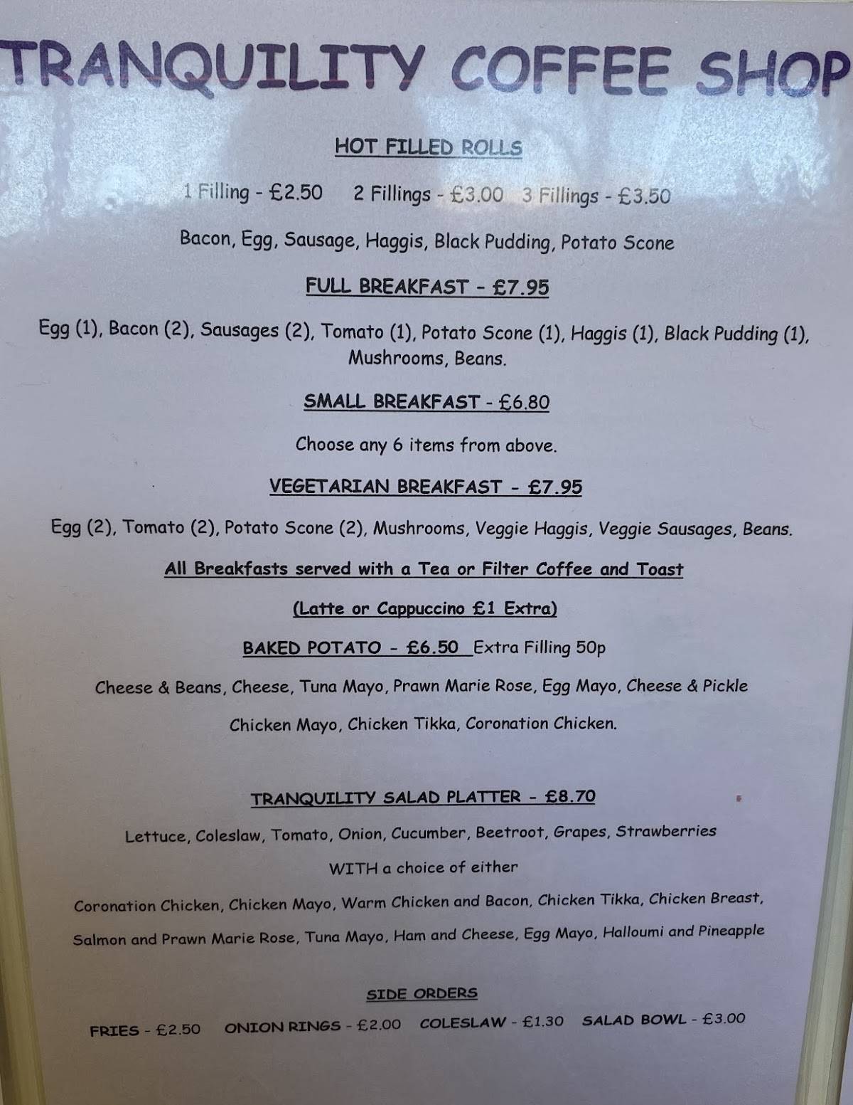 Menu at Tranquility Coffee House, Kirkcaldy