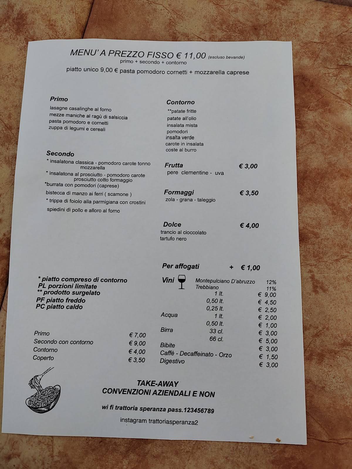 Menu di Trattoria Speranza 