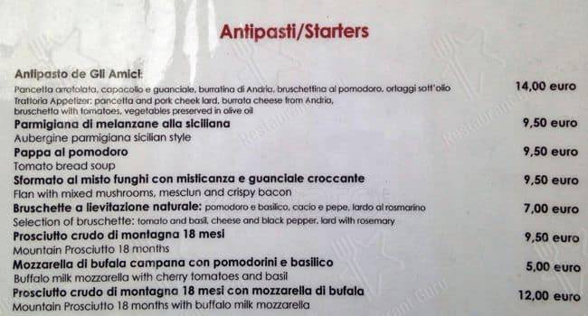 Menu de La Trattoria de Gli Amici