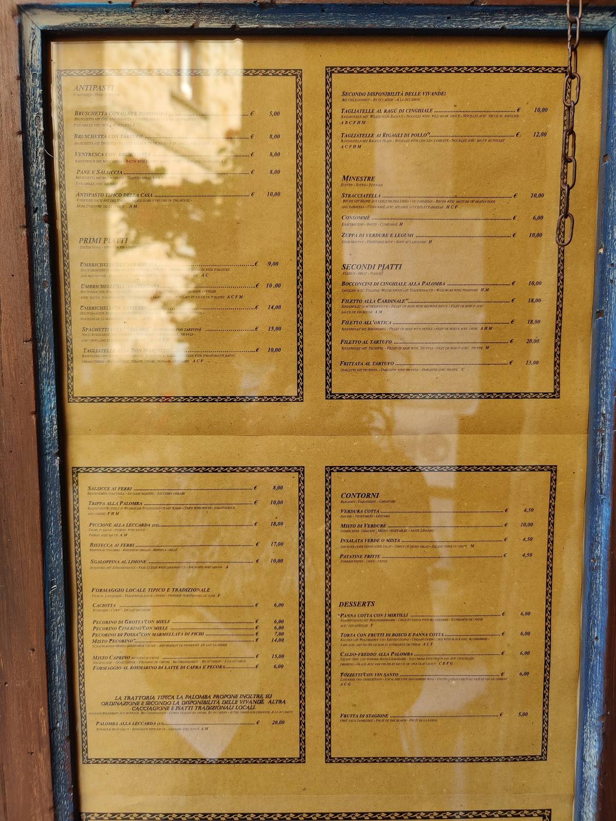 Menu at Trattoria la Palomba restaurant, Orvieto