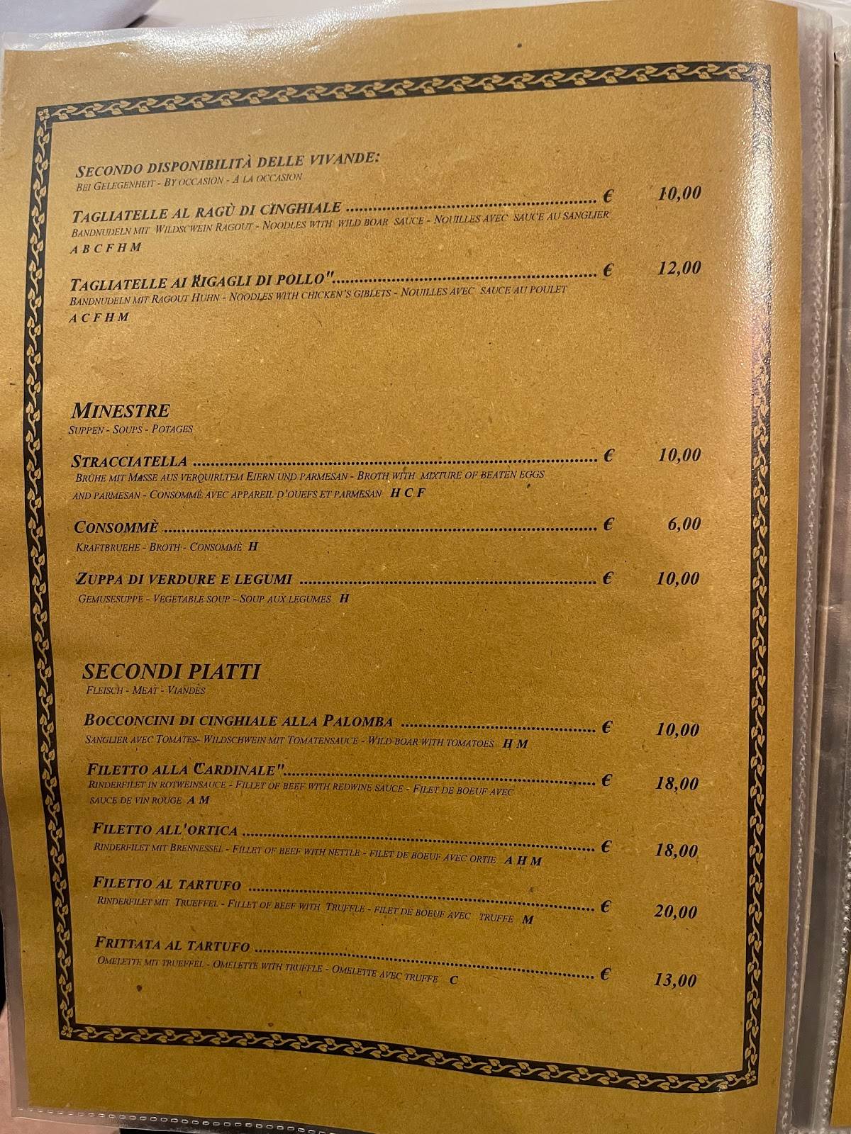 Menu at Trattoria la Palomba restaurant, Orvieto