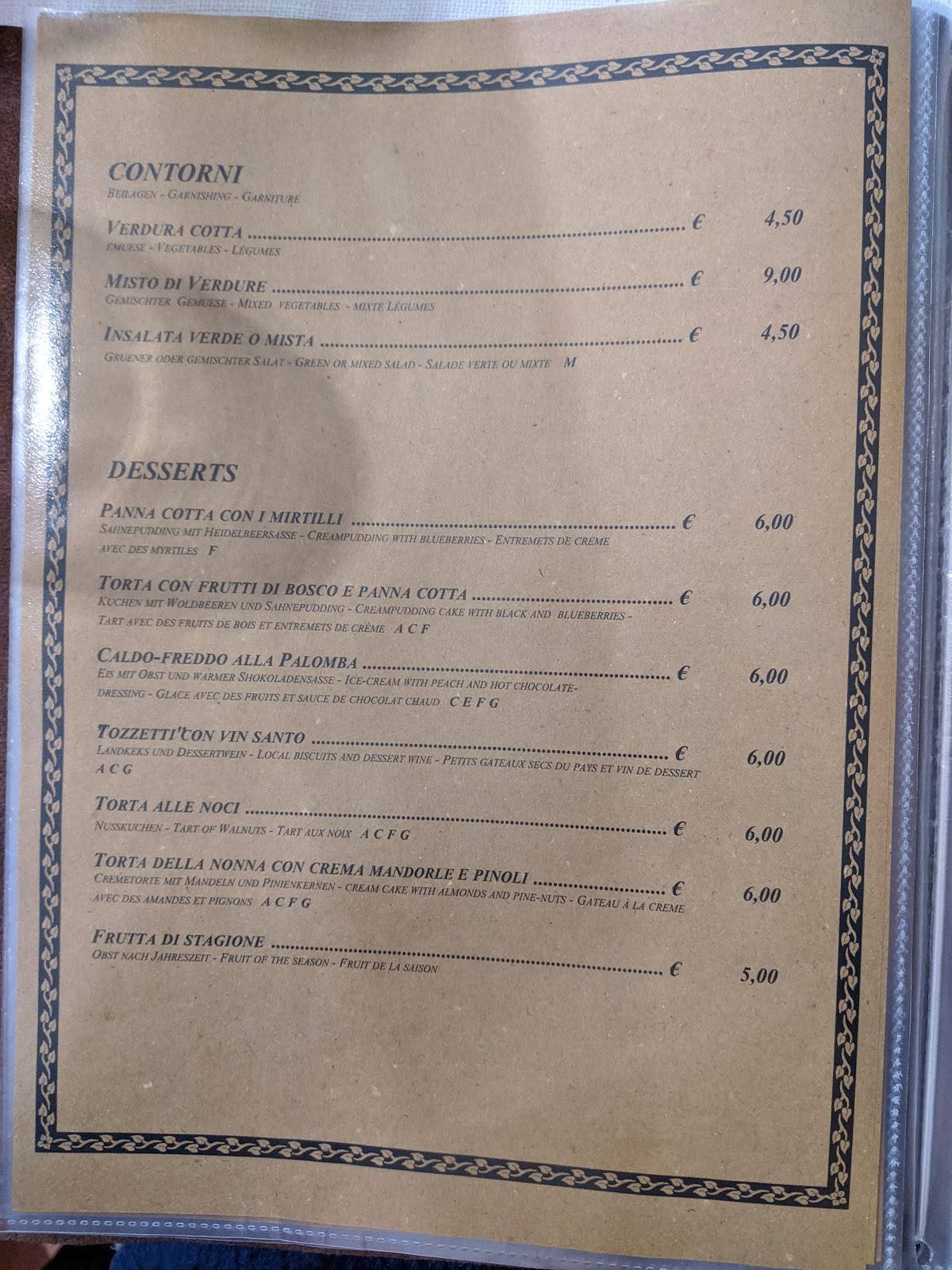 Menu at Trattoria la Palomba restaurant, Orvieto
