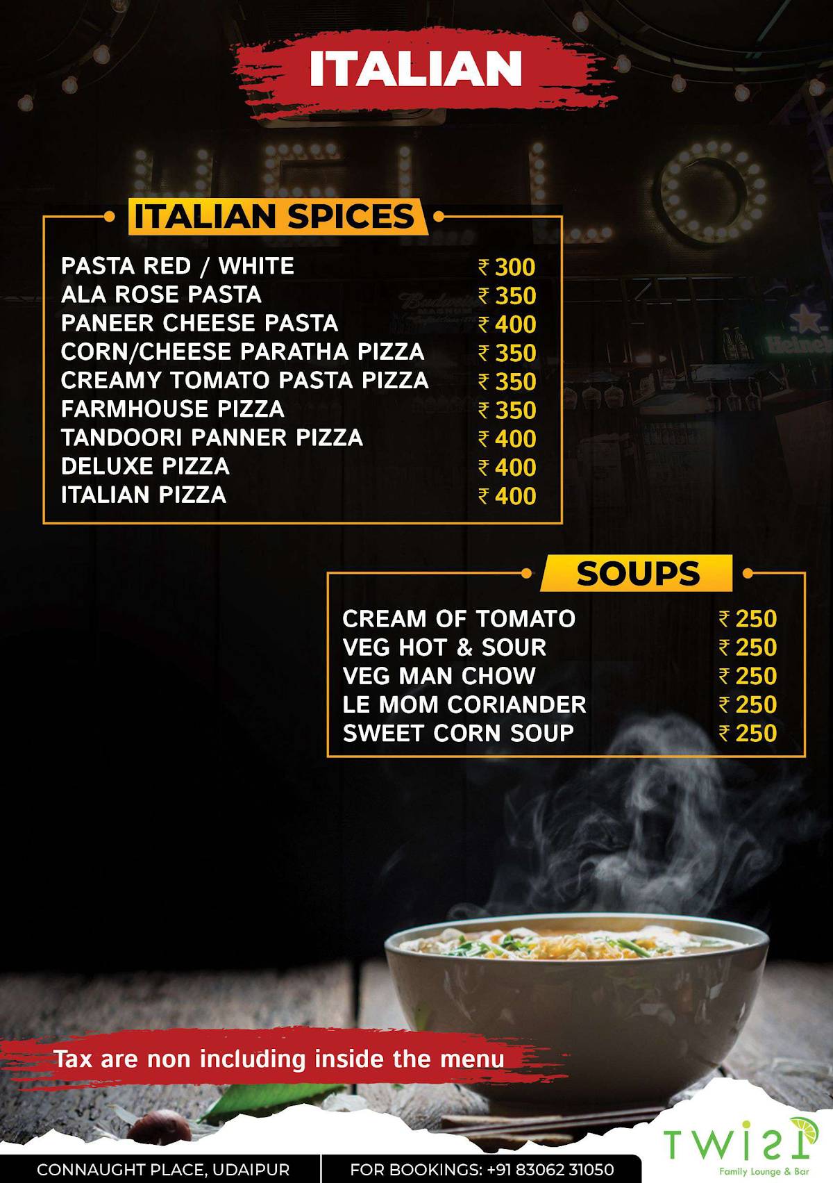 Twist Bar & Lounge menu