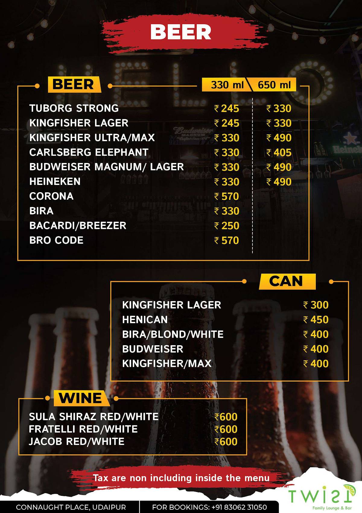 Twist Bar & Lounge menu