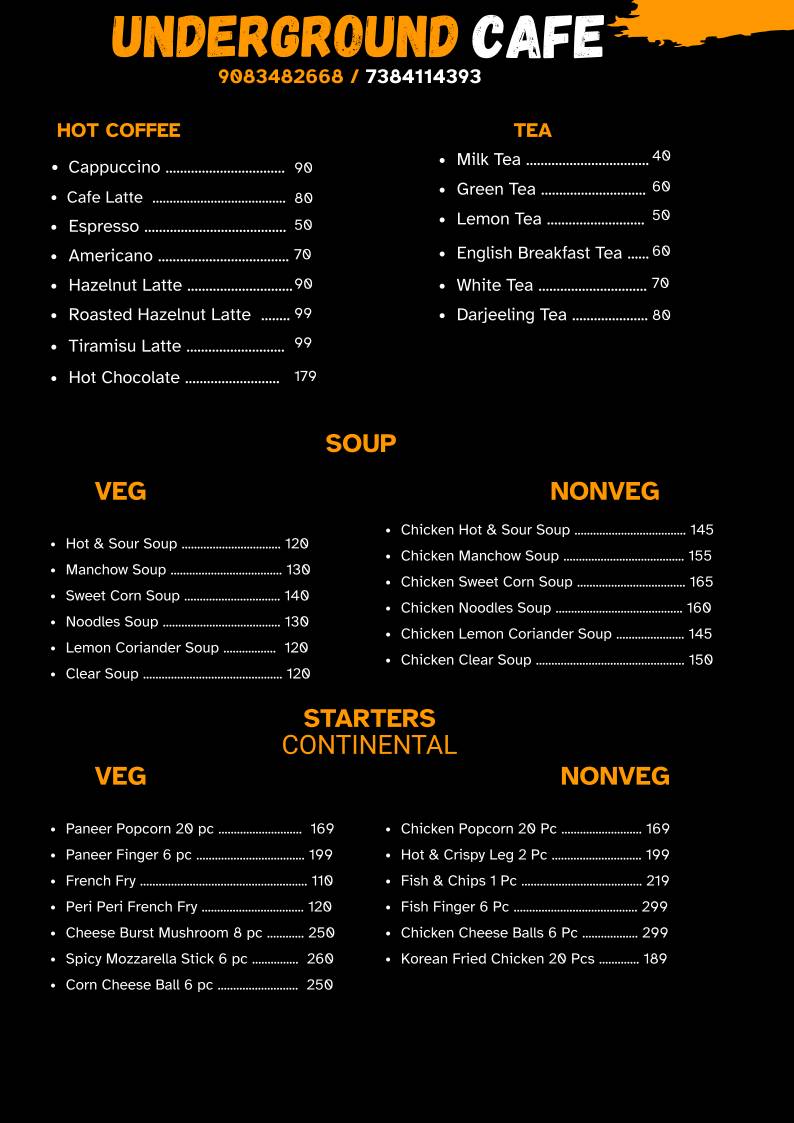 Underground Cafe menu