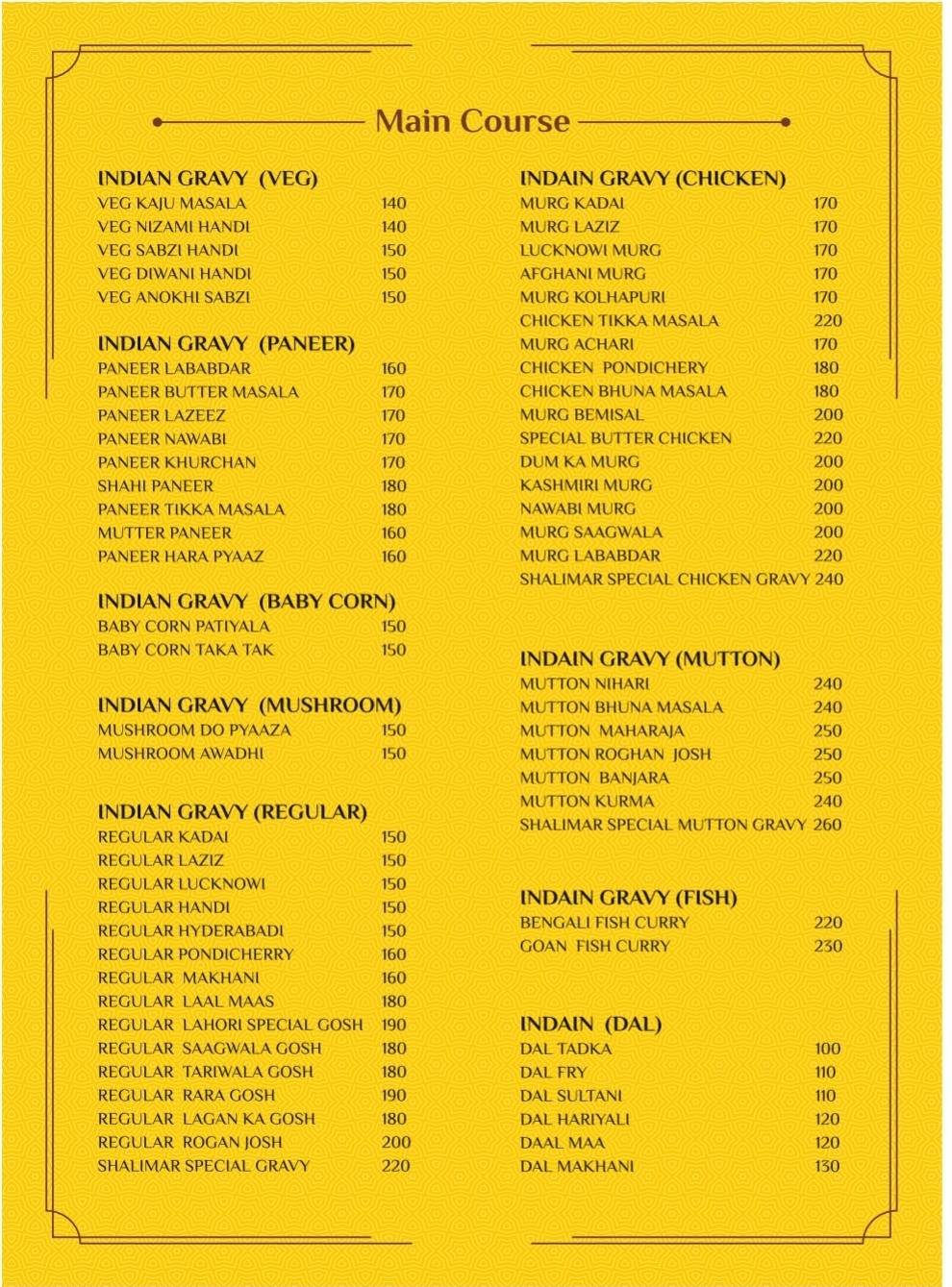 Urban Shalimar menu