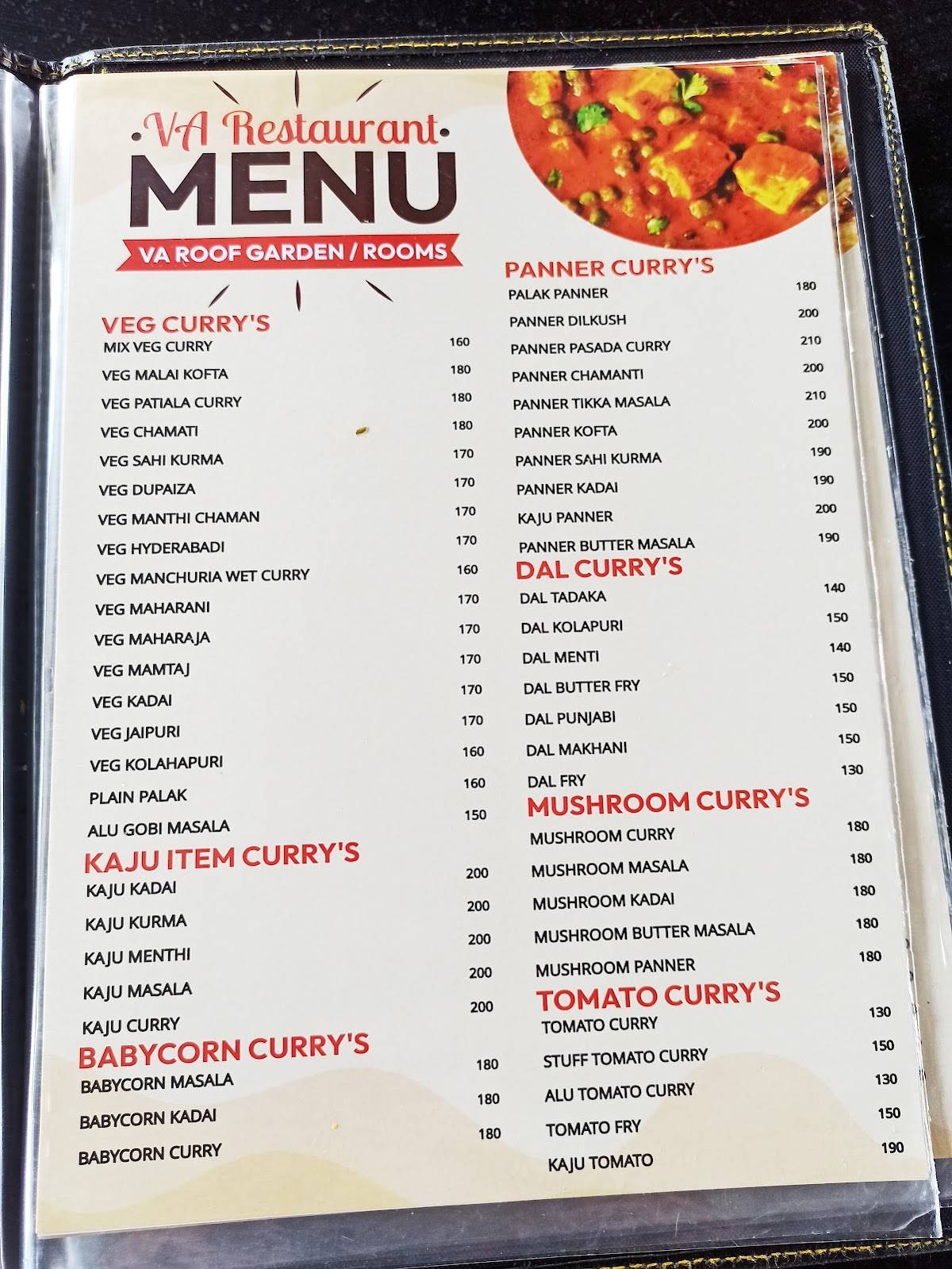 V A Bar & Restaurant menu