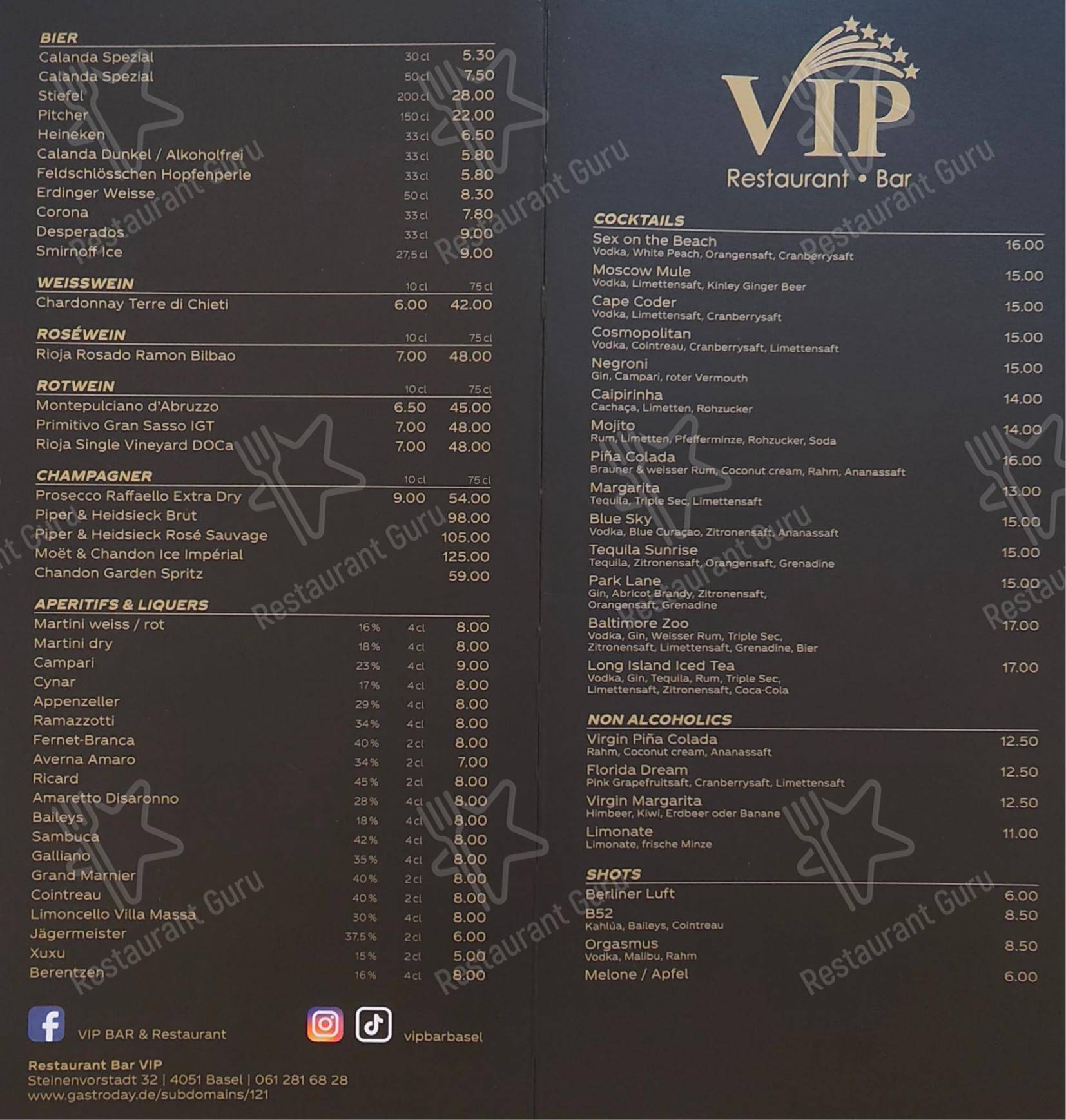 VIP BAR BASEL in Basilea - Menu bar