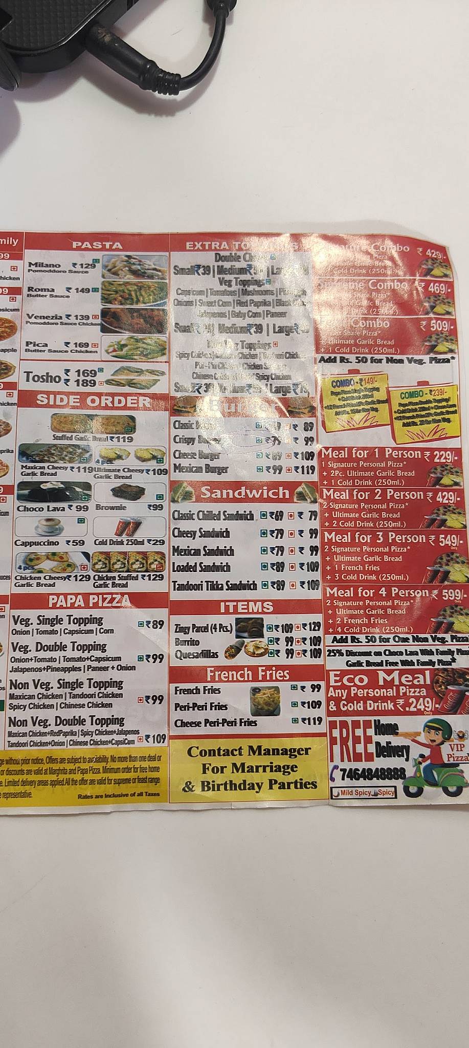 VIP Pizza menu