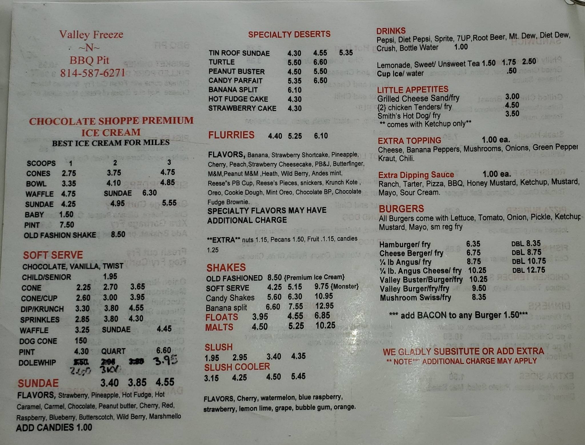 Menu at Valley Freeze, Conneautville