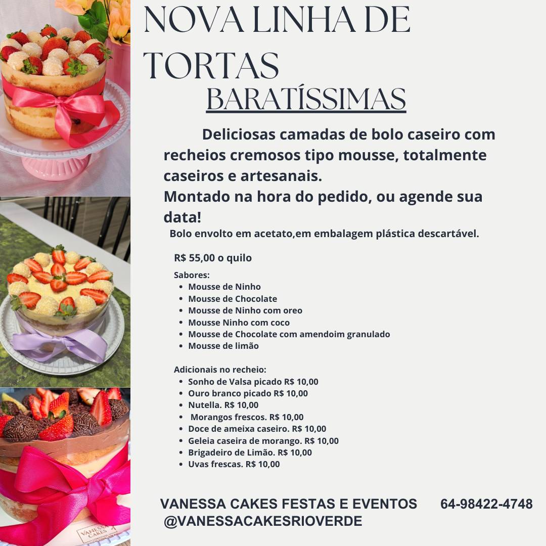 Vanessa Cakes Rio Verde cardápio