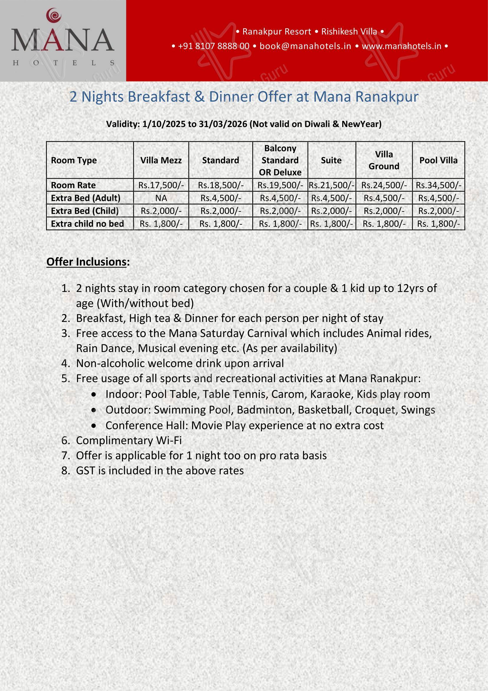 Menu for the Vari Ranakpur restaurant