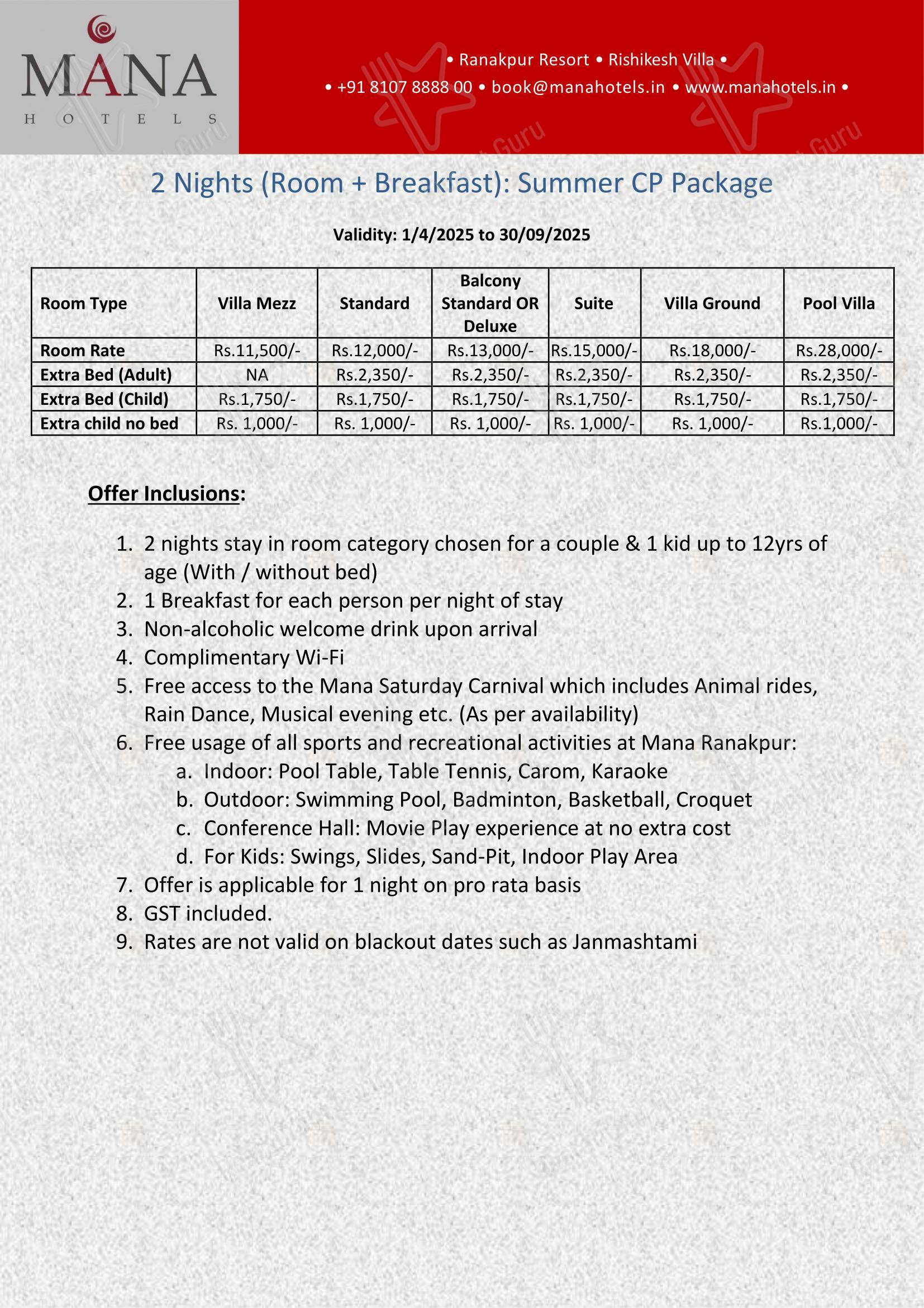Vari Ranakpur - Menu