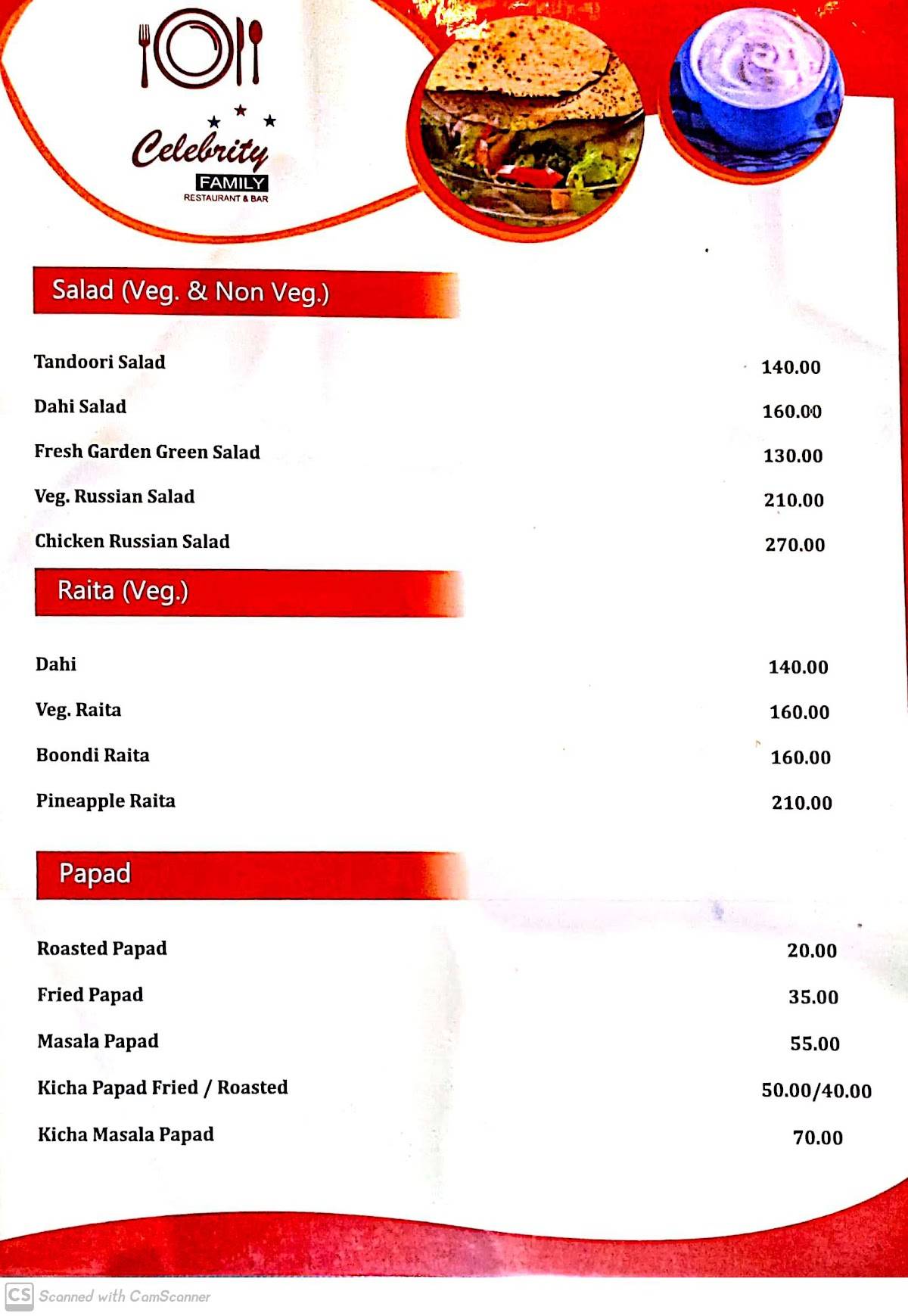 Hotel Celebrity menu