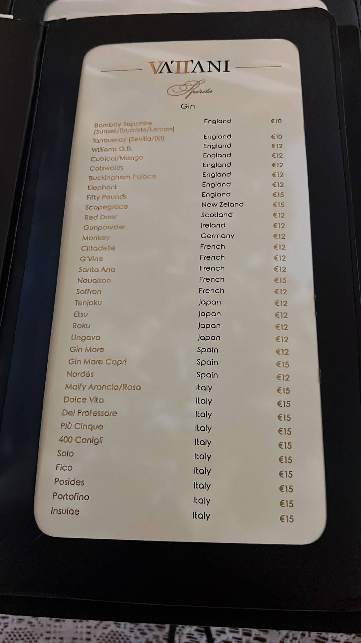 Menu di Vattani Elegant Italian Restaurant & Cocktail Bar 