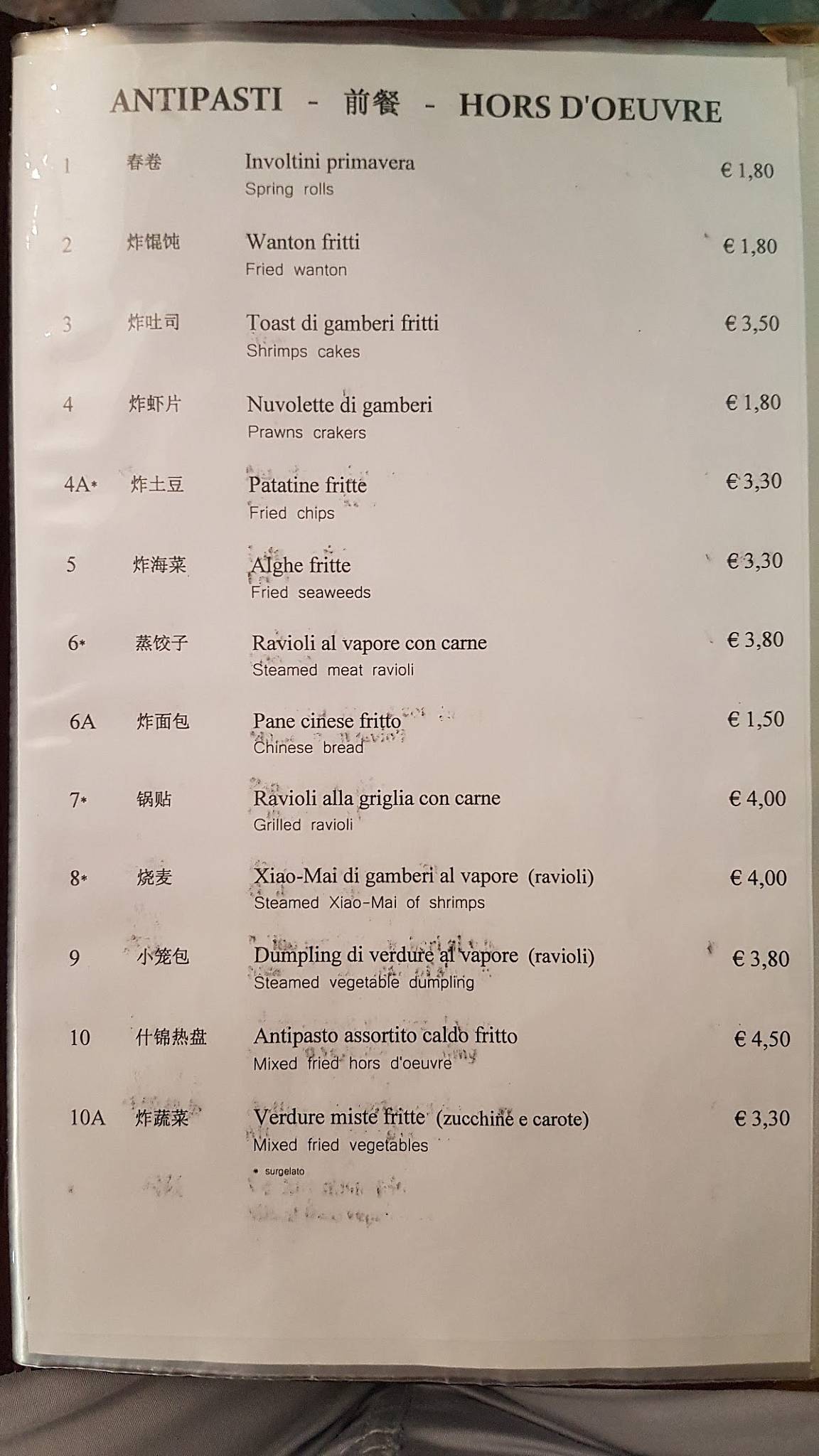 Menu di Vento Dell'Est 