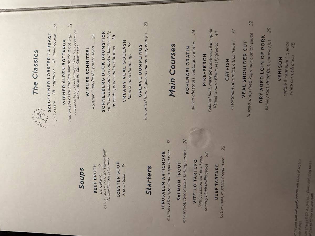 Menu de Vestibül Restaurant im Burgtheater