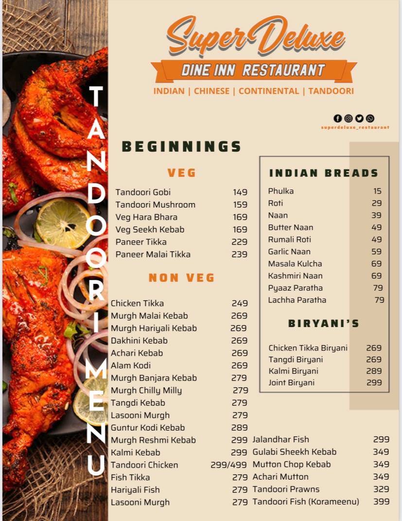 Super Deluxe Dine Inn Restaurant menu