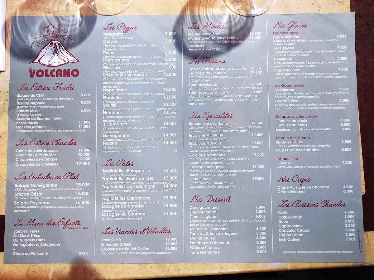 Menu au Volcano pizzeria, Dunkerque, 48 Digue de Mer