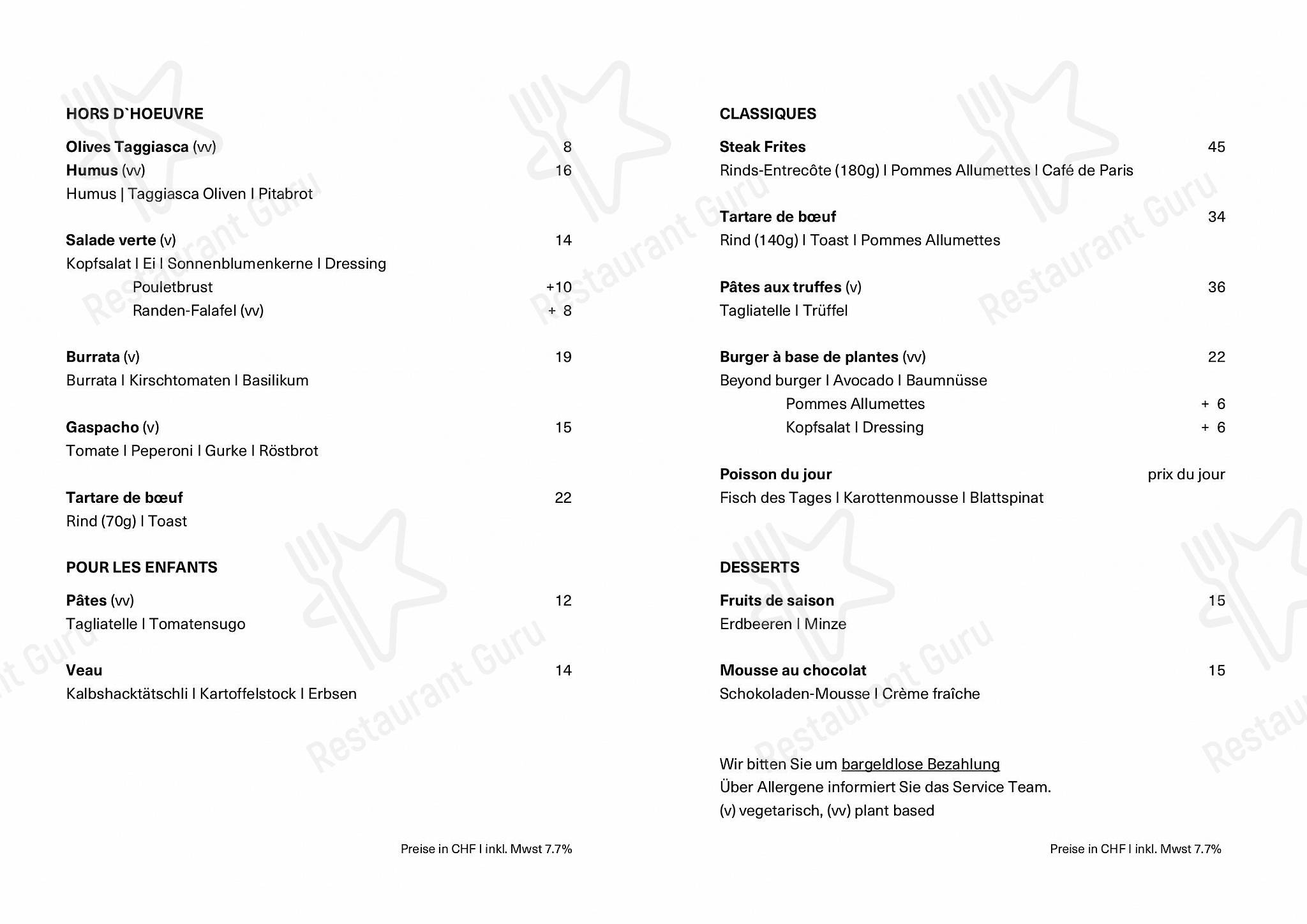 Menu di Brasserie, Bar und Event Volkshaus Basel - Bar Grill Menu