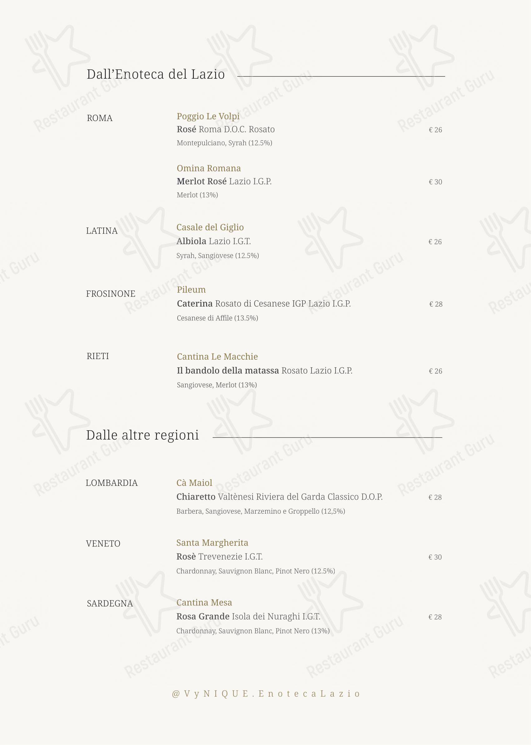Menu bar per VyNIQUE Enoteca Regionale del Lazio ristorante
