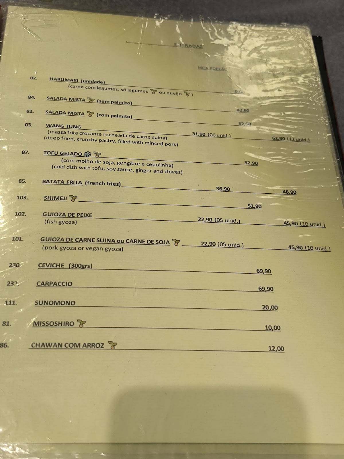 Wanri Oriental cardápio