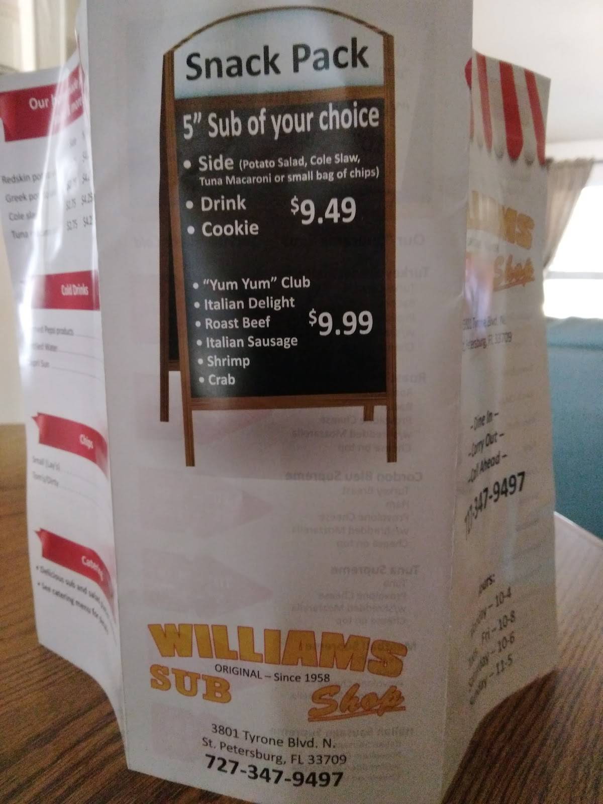 Menu at Williams Sub Shop restaurant, Saint Petersburg