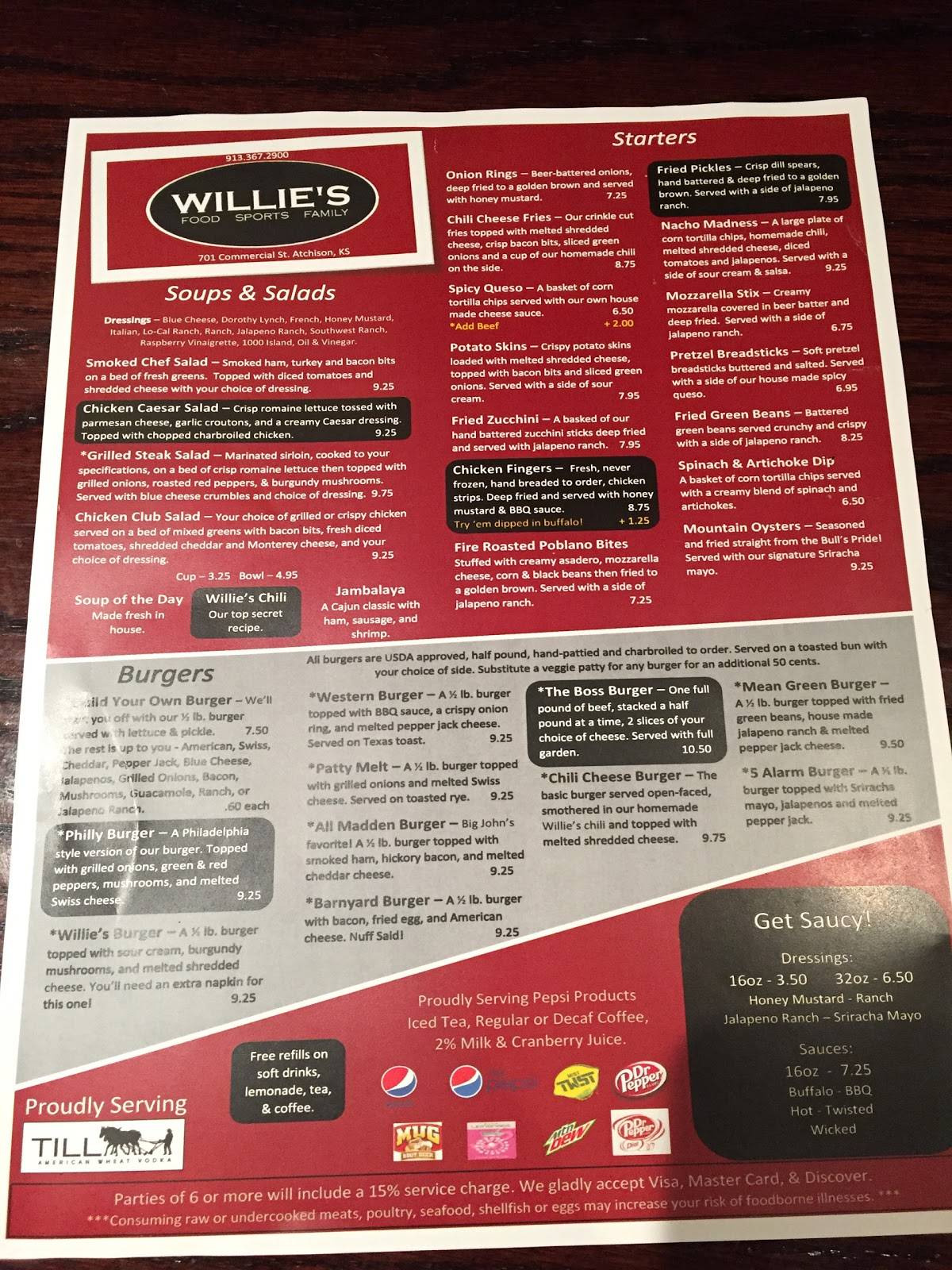 Menu at Willie's pub & bar, Atchison