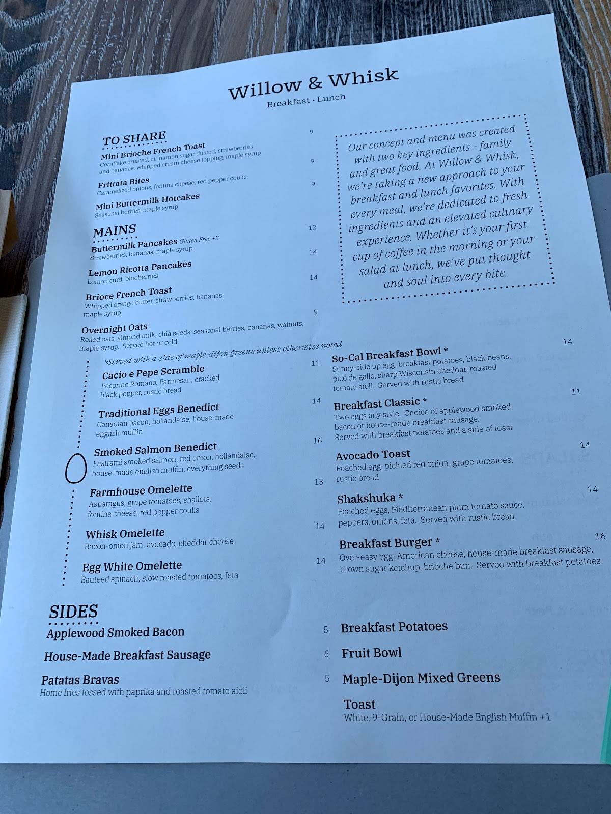 Menu at Willow & Whisk cafe, Wyckoff
