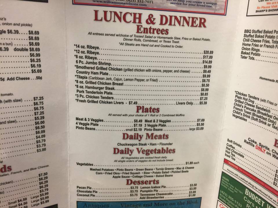 Menu at Wimpie's Country Restaurant, SoddyDaisy