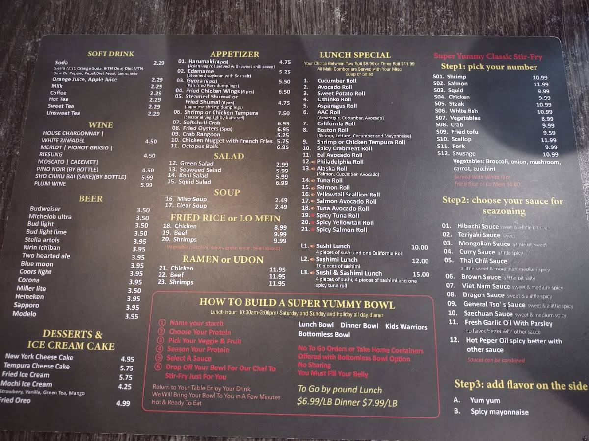 Menu at YUMMY BOWL restaurant, Indianapolis, S Emerson Ave 150