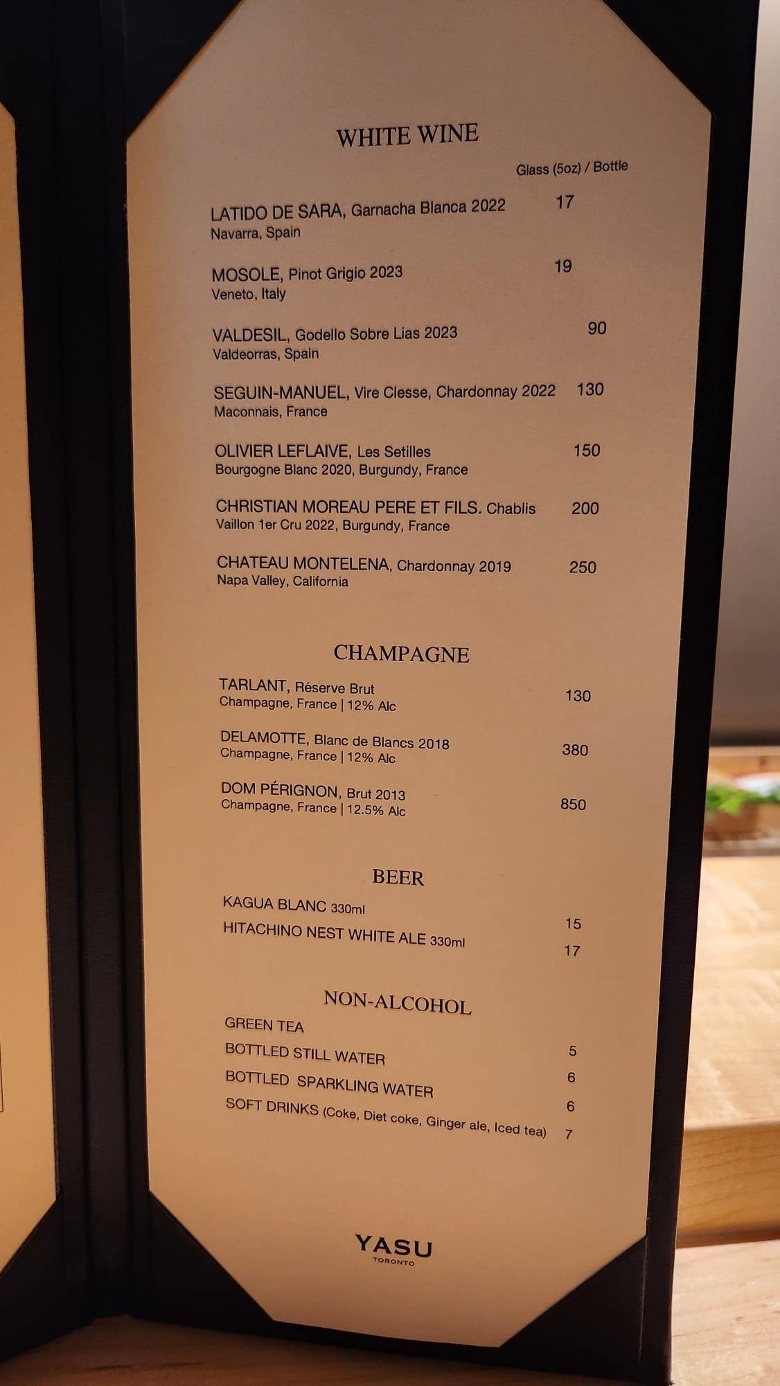 Menu de Yasu Toronto