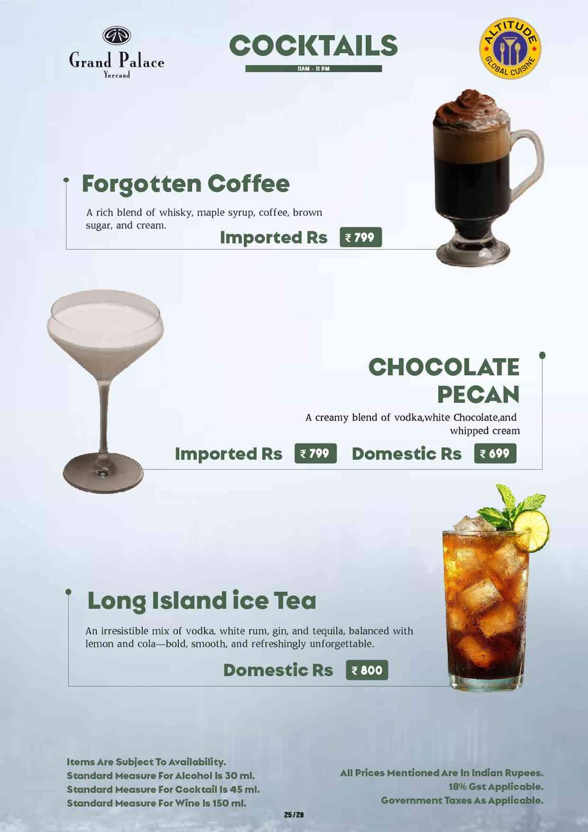 Altitude Global Cuisine Restaurant in Yercaud menu