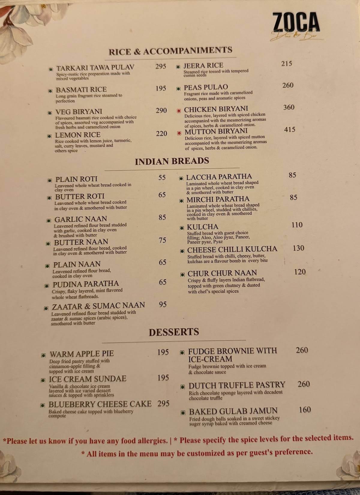 ZOCA Dine & Bar menu