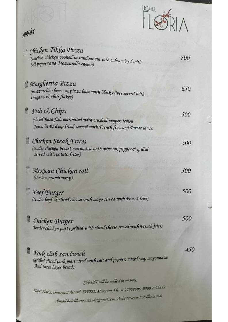 Zamzo Grill & Kitchen Restaurant (Hotel Floria) menu