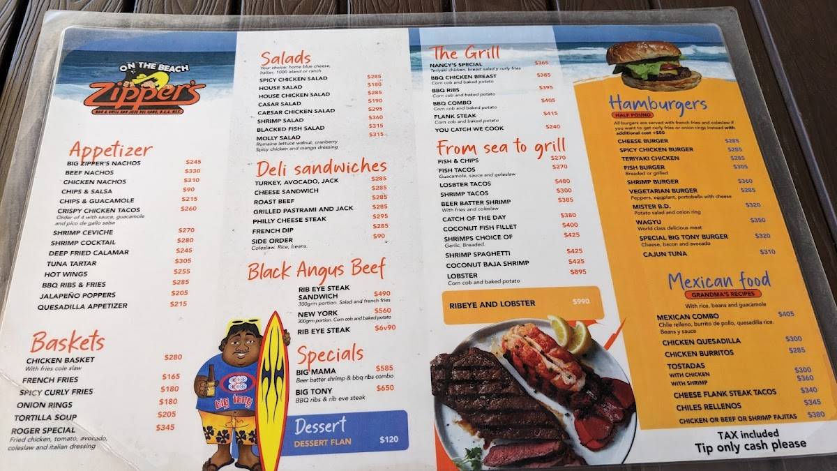 Menu at Zipper's Bar and Grill, San José del Cabo