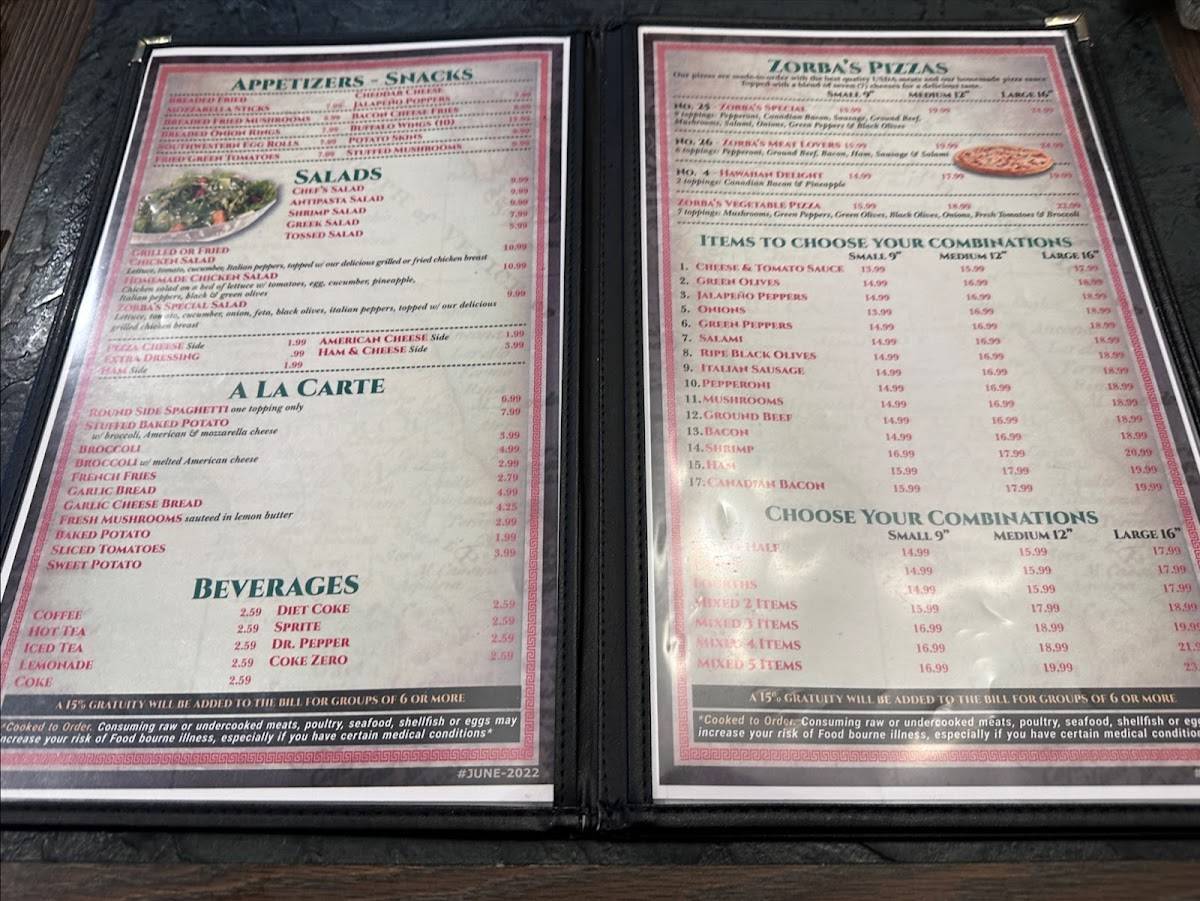 Menu at Zorba's restaurant, Cedartown