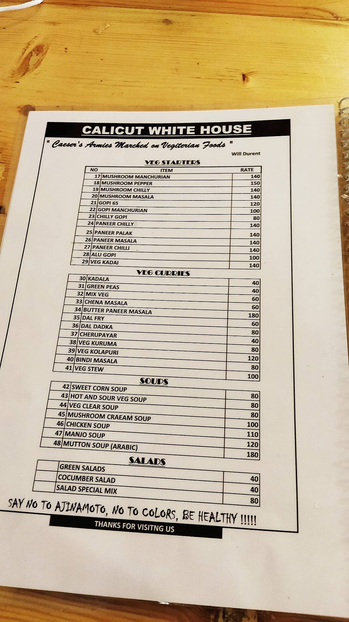 calicut white house restuarent menu