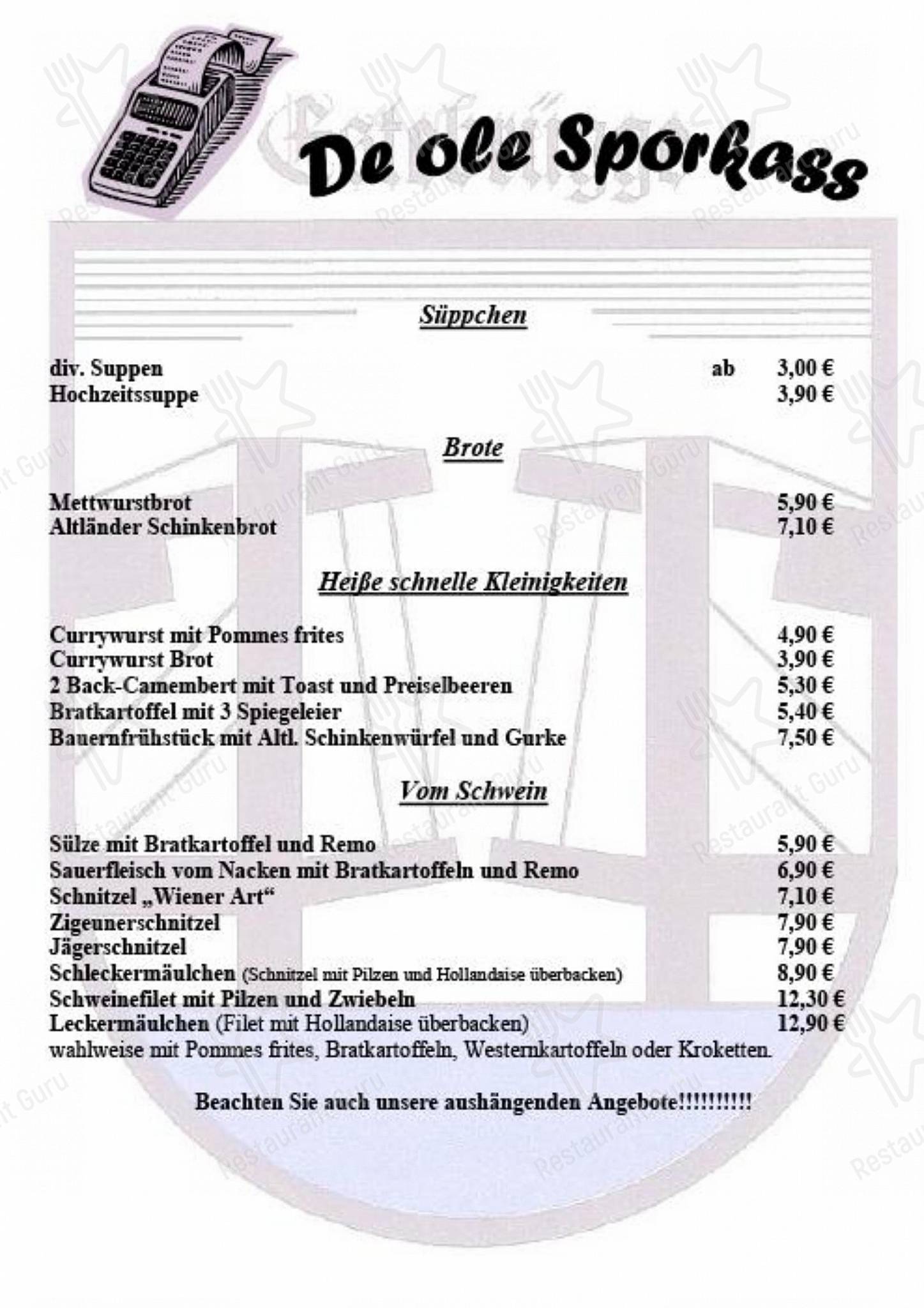 Speisekarte von De ole Sporkass restaurant, Jork