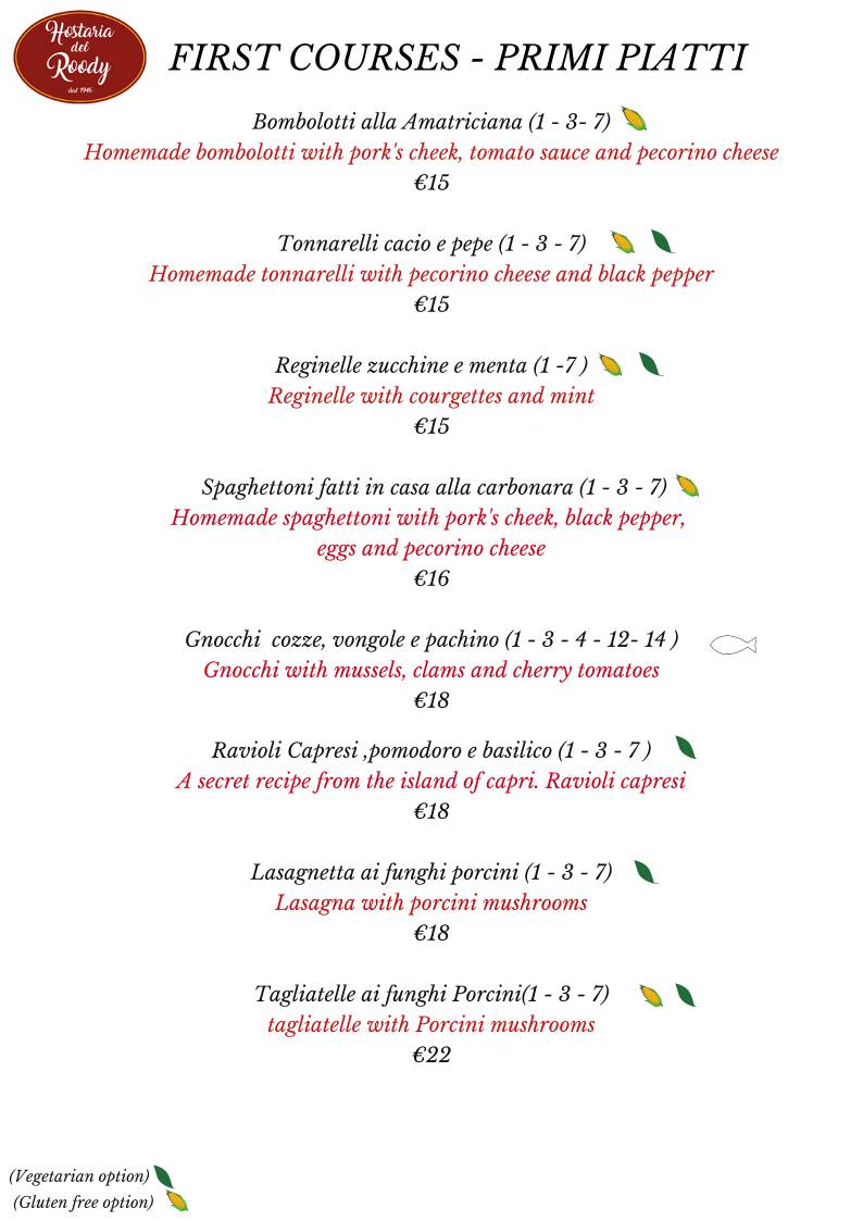 Menu di hostaria del roody 