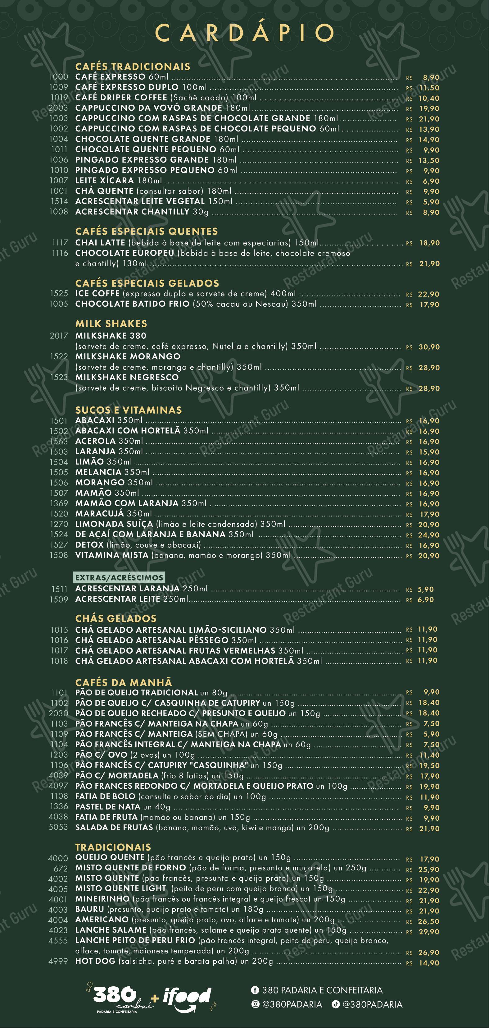 Menu para 380 Padaria e Confeitaria - Cambuí restaurante