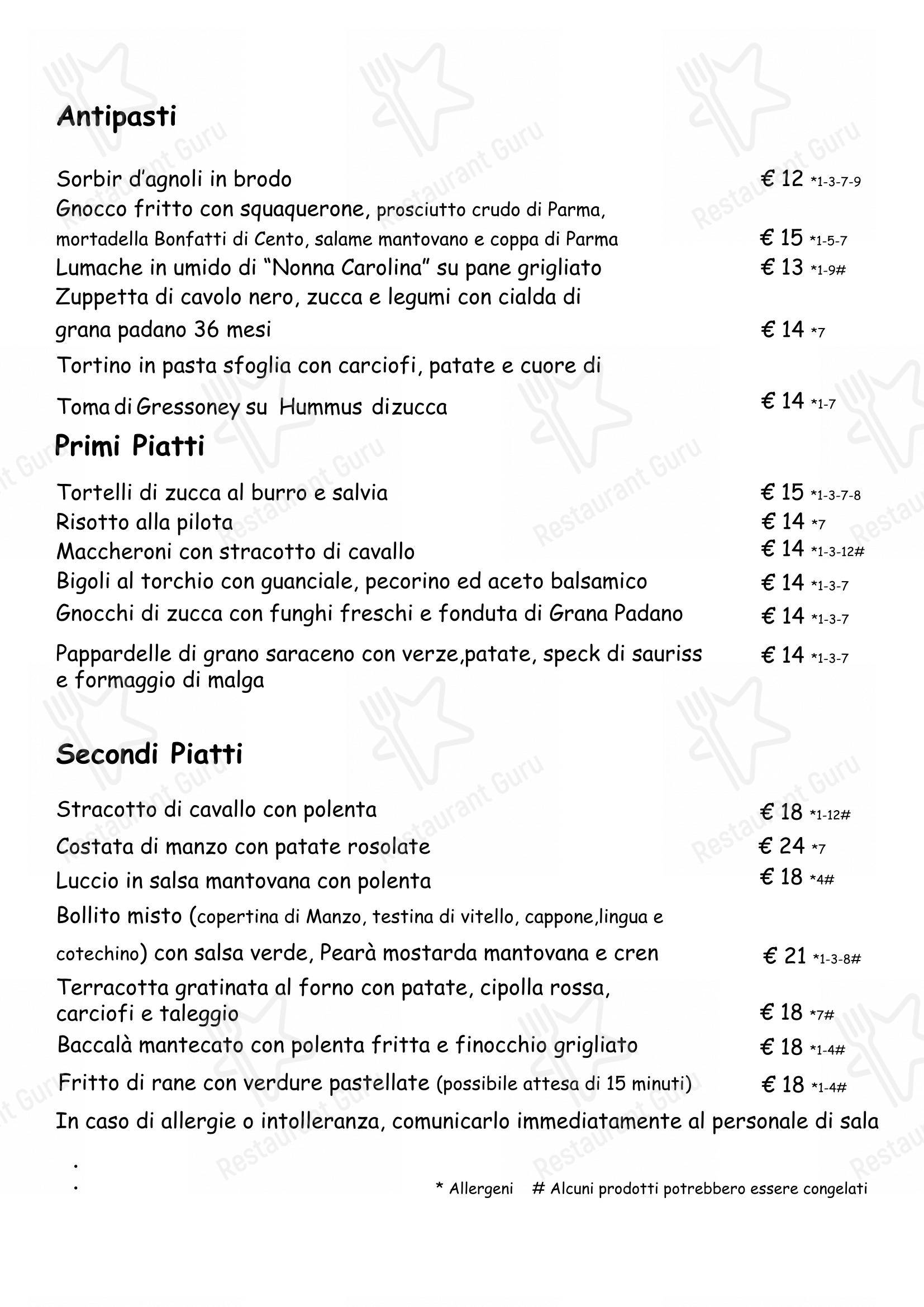 Menu di Antica Osteria Ai Ranari - Menu bar