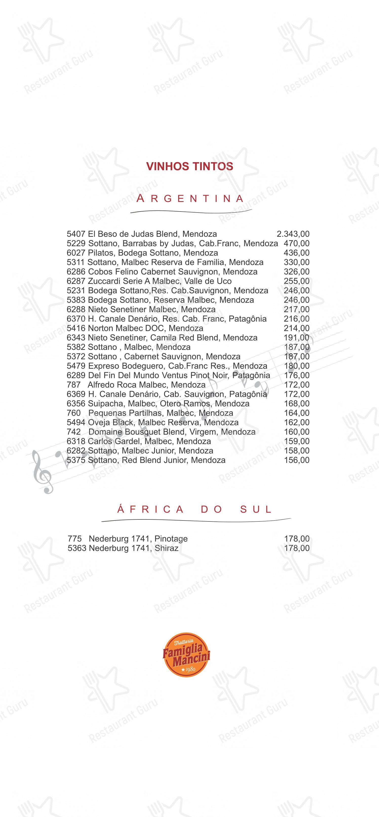 Menu para Famiglia Mancini Trattoria em São Paulo