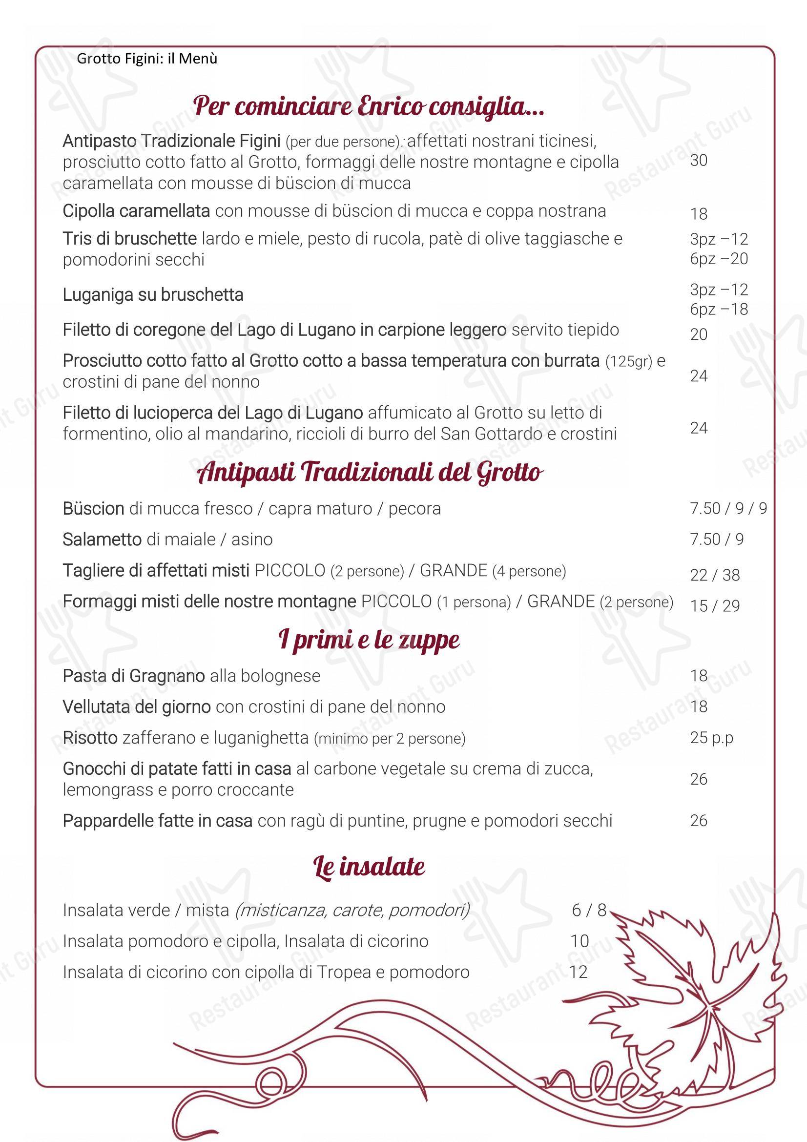 Grotto Figini in Collina d'Oro - Menu