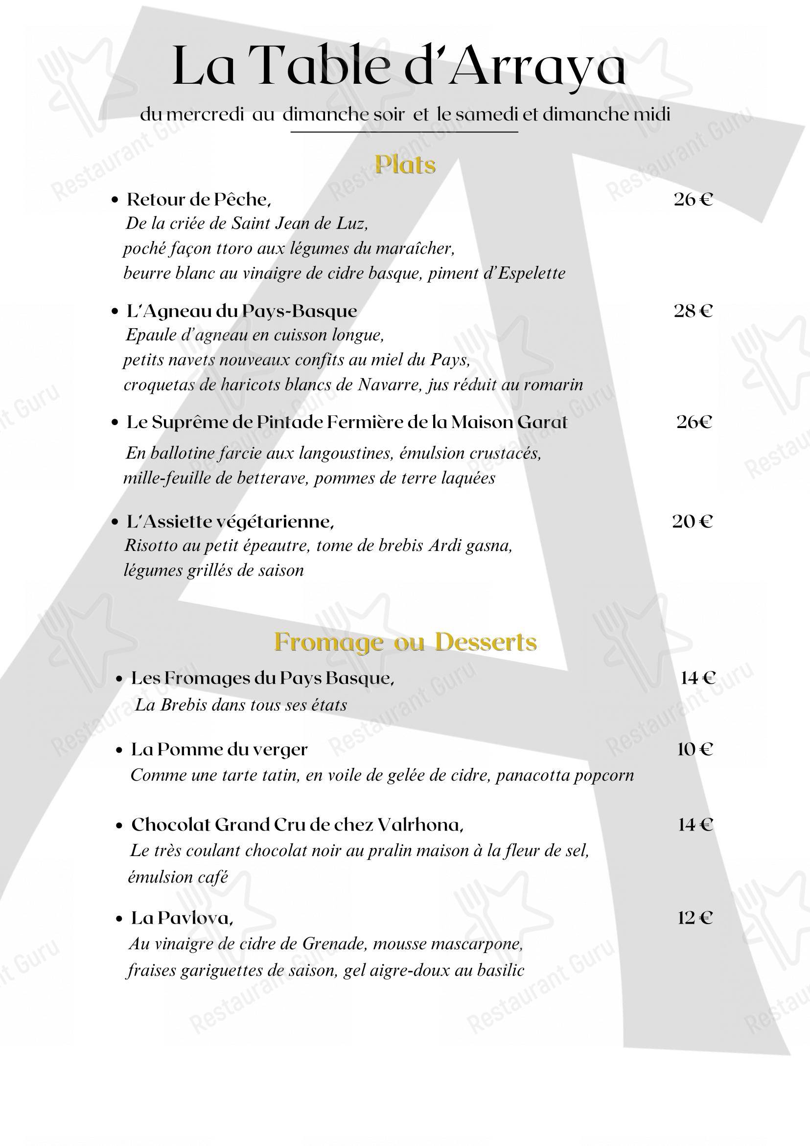 Menu pour Hôtel Arraya restaurant