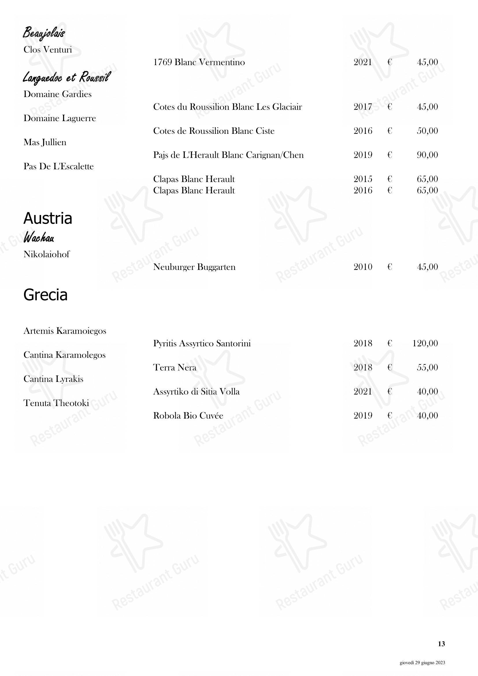 Menu di Il Ridotto Restaurant - Menu bar