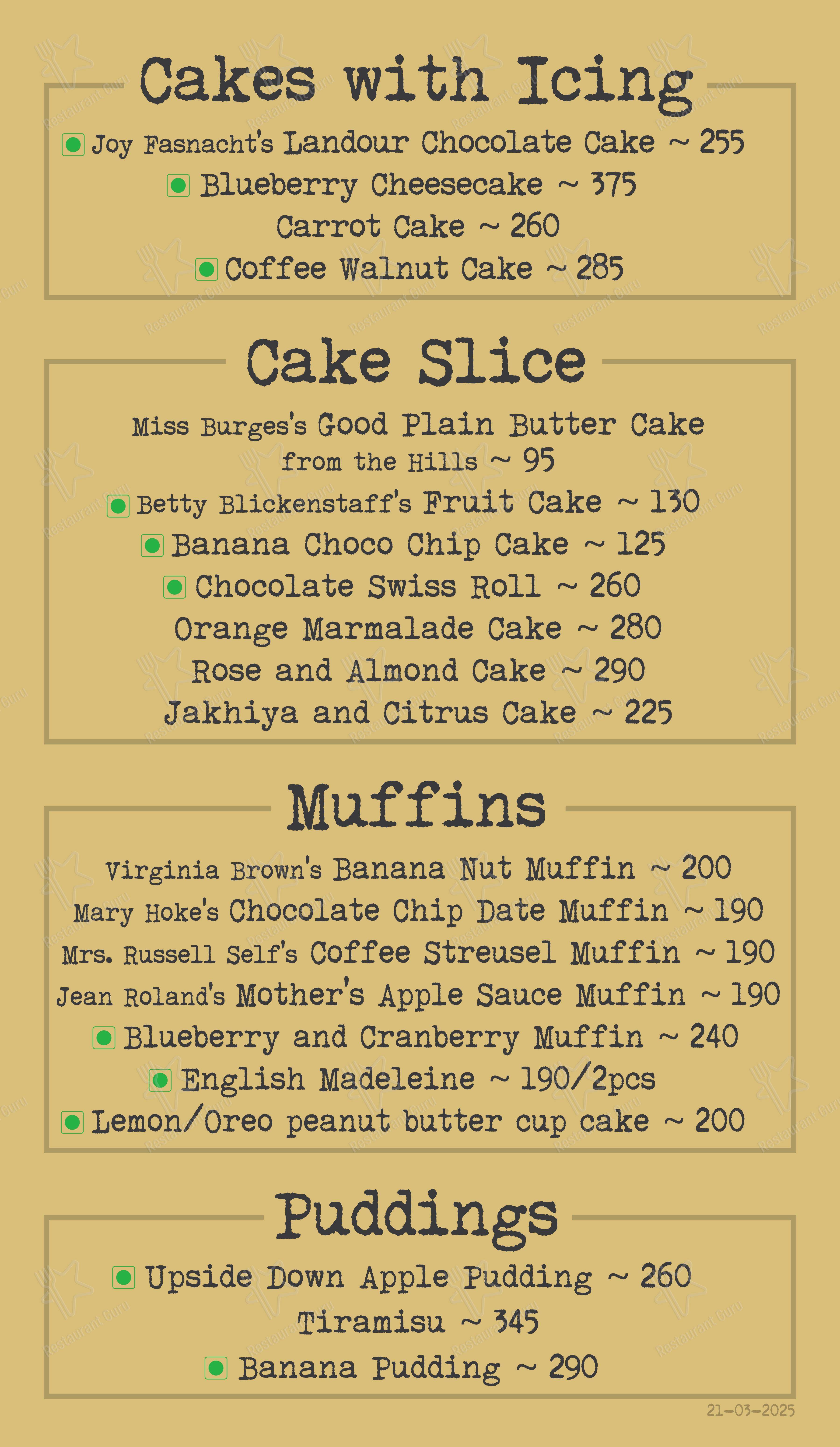Menu for the Landour Bakehouse cafe
