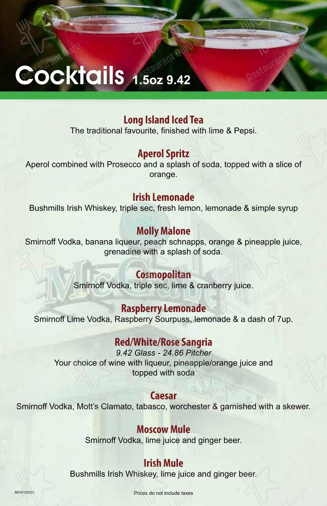 菜单 pour McCabe's Irish Pub & Grill pub et bar