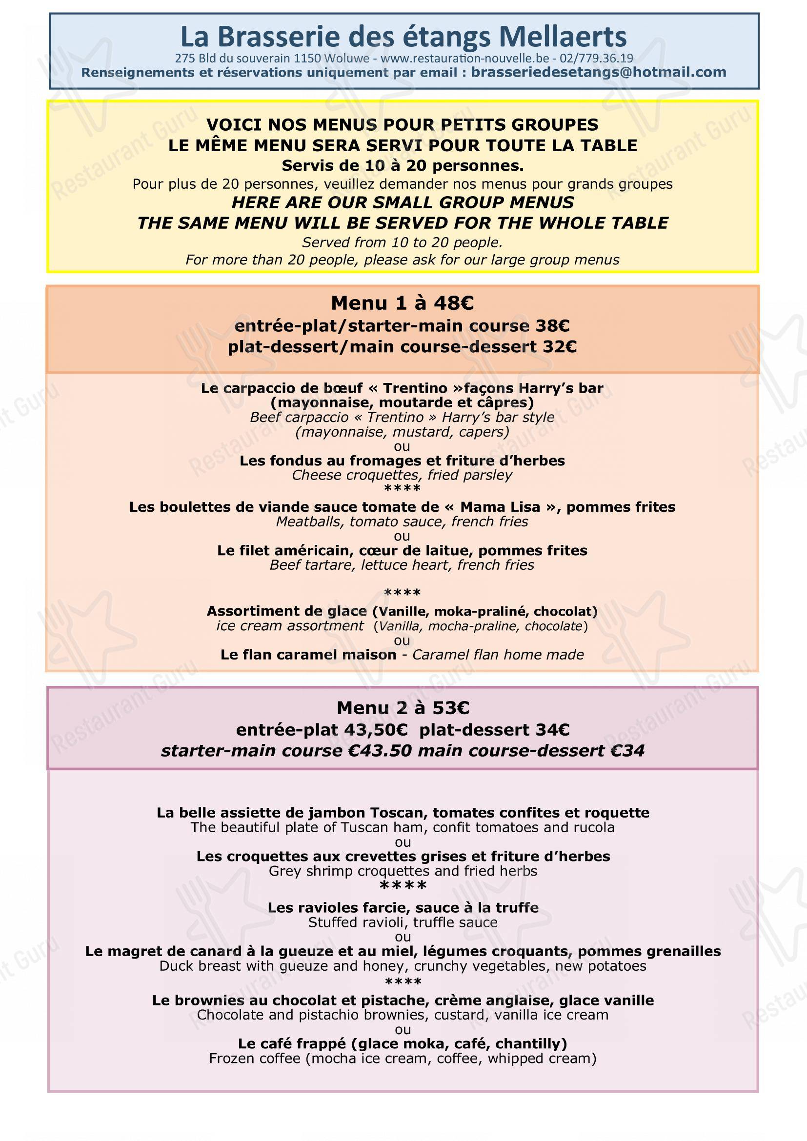 Menu pour Brasserie des Étangs Mellaerts - 菜单